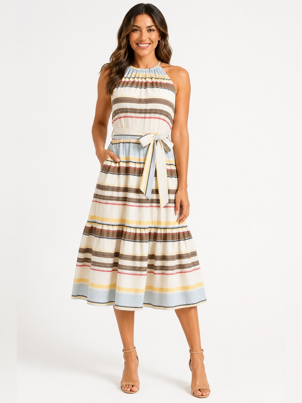 : DKNY Cotton Striped Tie Waist Halter Midi Dress 8